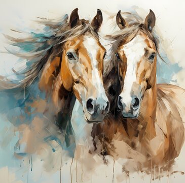 two horses, noses together, style of rough sketch, force drawing, abstract, canvas impasto, modern art in peaceful soft neutral tone color