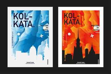 Kolkata city poster pack with abstract skyline, cityscape, landmark and attraction. India, West Bengal megacity vector illustration layout set for vertical brochure, website, flyer, presentation - obrazy, fototapety, plakaty