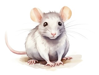 White Mouse Sitting on Top of White Floor. Watercolor illustration.