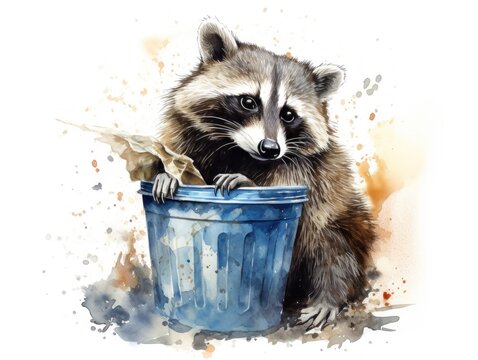 Painting of a Raccoon With Trash Can. Watercolor illustration.