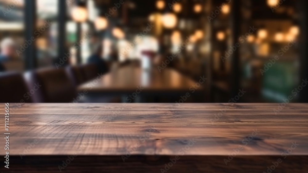 Poster empty wooden table and coffee shop blur background with bokeh image.