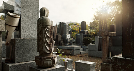 Japan, prayer hands and buddhist statue at graveyard for spiritual religion in Tokyo. Jizo sculpture, cemetery or gravestone for memorial service, culture and traditional tombstone for worship or zen