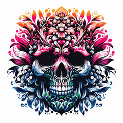 Colorful Floral Fusion Gradient Skull Vector Illustration