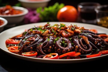A mouthwatering shot of adobong pusit, featuring luscious squid rings bathed in an inky black sauce, beautifully highlighting the delicate seafood flavors.