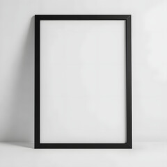 Portrait blank white picture with black frame standing on the floor, on white background for mock up, copy space.