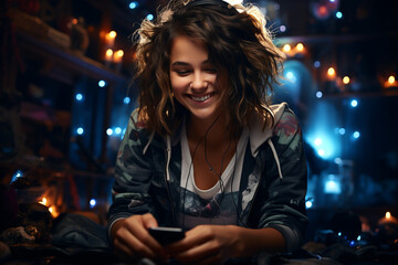 Hobbies and leisure, lifestyles, technology and telecommunications concept. Happy young woman using mobile phone in surreal glowing background. Young culture lifestyle and technology mix concept