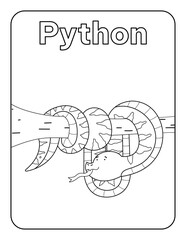 Coloring Page for Kids Coloring book Cute Cartoon Python Jungle Animals Preschool Activities Arts and Crafts Kindergarten Vocabulary Black and White PNG