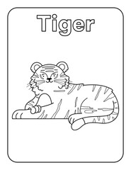 Coloring Page for Kids Coloring book Cute Cartoon Tiger Jungle Animals Preschool Activities Arts and Crafts Kindergarten Vocabulary Black and White PNG