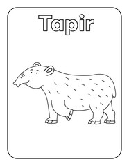 Coloring Page for Kids Coloring book Cute Cartoon Tapir Jungle Animals Preschool Activities Arts and Crafts Kindergarten Vocabulary Black and White PNG