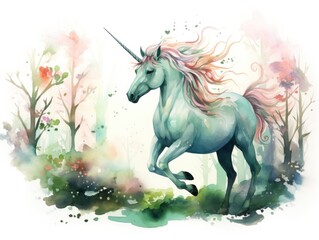 Obraz na płótnie Canvas Watercolor Painting of Unicorn Running Through Forest