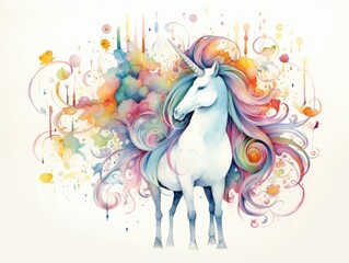 Colorful Hair Unicorn Painting - Vibrant and Playful Rainbow Colors. Watercolor illustration.
