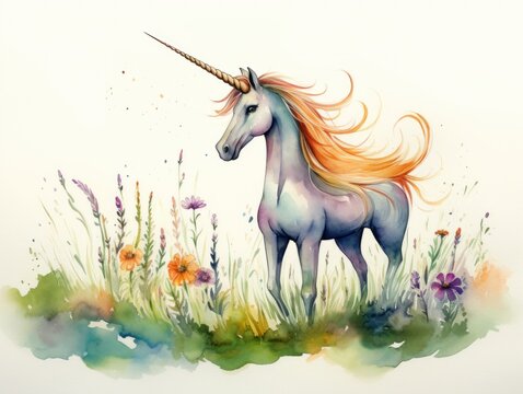 Unicorn Standing in Field Painting. Watercolor illustration.