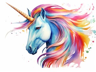 Obraz na płótnie Canvas Colorful Unicorn With Long Horn. Watercolor illustration.