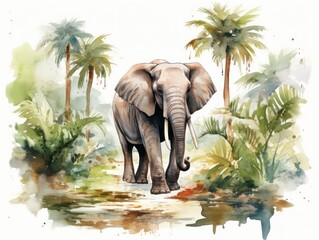 Elephant Walking Through Jungle Painting. Watercolor illustration.