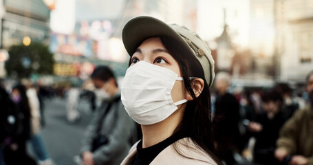 Virus, Japan and woman in travel with face mask for health and on city background. Compliance,...