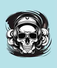 Skull with biker cap and smoking pipe. Vector illustration.