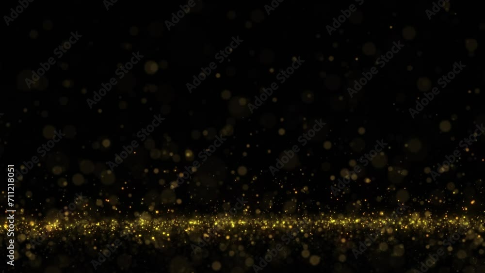 Poster magic gold colored glowing flicker particles loop motion background.