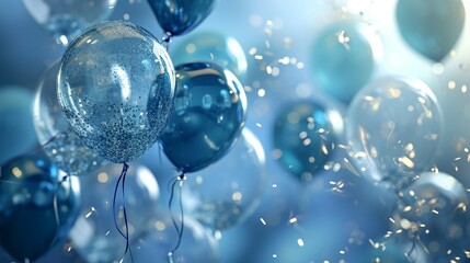 A sky filled with various shades of blue balloons, some transparent, others with glitter, set against a soft blue background for a birthday celebration. Include subtle vector elements like stars  - obrazy, fototapety, plakaty