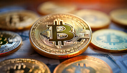 Bitcoin. Cryptocurrency. Golden coins of bitcoin selective focus background. Digital currency.