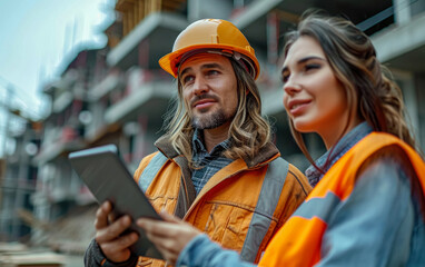Engineer using tablet and talking on construction site of real estate project