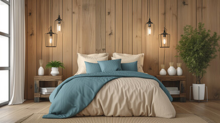 Cozy Rustic Bedroom Interior with Teal and Cream Bedding, Vintage Wooden Wall and Modern Lighting