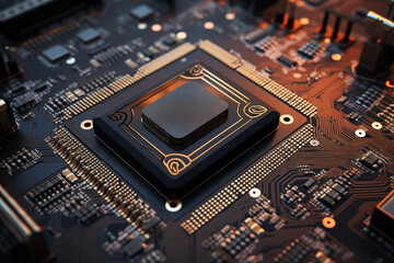 Fototapeta premium CPU processor unit chip is seen on background of computer motherboard AI Generation