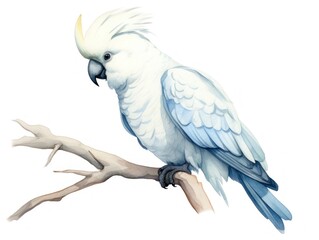 Cockatoo on Tree Branch, Majestic Bird in Natural Habitat. Watercolor illustration.