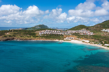 Aerial drone photos of islands in the Caribbean with blue sky and ocean