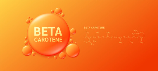 Drop water orange beta carotene and molecular structure. Fiber Prebiotics Vitamins from natural fruits vegetables. Nutrients essential for intestinal. Health care. Vector EPS10. - obrazy, fototapety, plakaty