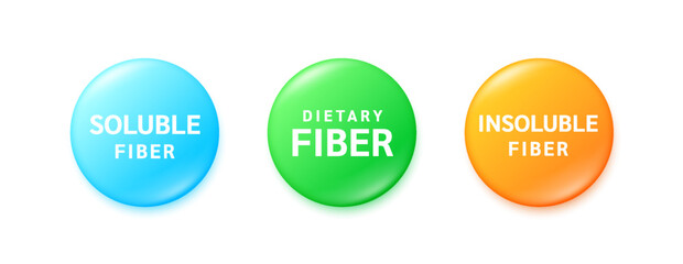 Dietary fiber drop water green orange blue. Fiber soluble insoluble from natural fruit vegetable. Nutrients essential intestine. lowers cholesterol improves blood sugars prevents constipation. Vector. - obrazy, fototapety, plakaty
