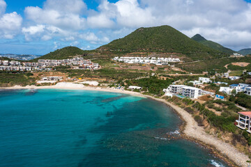 Aerial drone photos of islands in the Caribbean with blue sky and ocean