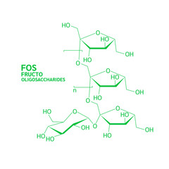 Molecular structure fructo oligosaccharides FOS, Oligofructose or Oligofructan. Green prebiotics from natural fruits vegetables. Nutrients essential for intestine. Health care. Vector EPS10.