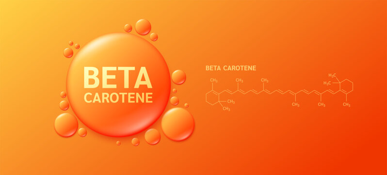 Drop water orange beta carotene and molecular structure. Fiber Prebiotics Vitamins from natural fruits vegetables. Nutrients essential for intestinal. Health care. Vector EPS10.