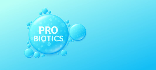 Probiotics blue drop water. Good bacterial flora for stomach and intestine. Create balance for the gut. Banner for dietary supplements healthy nutrition. Health care. Empty space for text. Vector. - obrazy, fototapety, plakaty