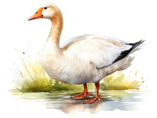White Duck Standing on Body of Water. Watercolor illustration.
