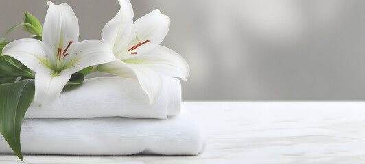 Obraz na płótnie Canvas Folded White towels with white lily flower on white table, Beauty spa and Fashion cocept with copy space for mock up product.