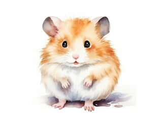 Fototapeta premium Brown and White Hamster Sitting on Hind Legs. Watercolor illustration.