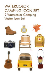 9 Watercolor camping vector icon set
