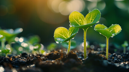 New Beginnings: Dew-Kissed Heart-Shaped Seedlings Sprouting in Morning Light