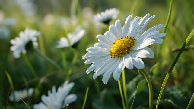 Beautiful white daisy flowers or chamomile blooms with soft sunbeam in a field, with focus on frontal part of photo and blured grassy daisies background behind.