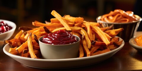 An unconventional shot captures the playful side of cranberry sauce, showcasing its versatility as a dip for crunchy, goldenbrown sweet potato fries, creating a delightful contrast. - obrazy, fototapety, plakaty