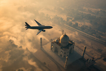 Plane flying above Taj Mahal in India, aerial view - obrazy, fototapety, plakaty