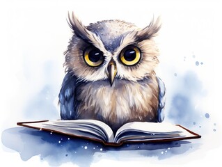 Owl Perched on Open Book in a Peaceful Stance With Its Wings Spread. Watercolor illustration.