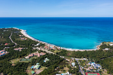 Aerial drone photos of islands in the Caribbean with blue sky and ocean