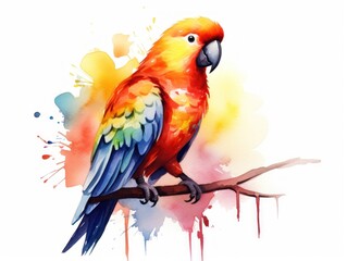 Colorful Parrot Bird on Branch With Paint Splatters. Watercolor illustration.