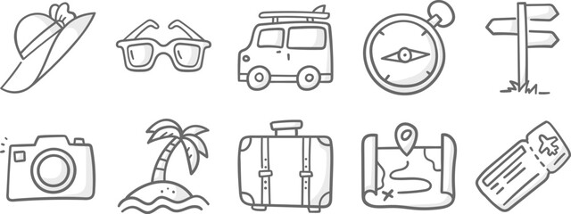 Fototapeta premium Travel vacation doodle icon set. Handdrawn doodle summer vacation. 