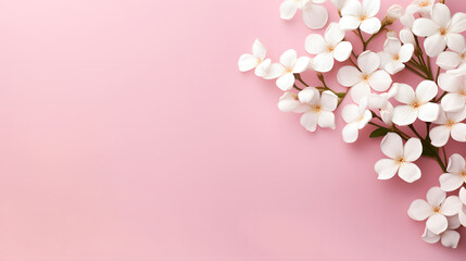 Branches of cherry blossom on pink background for presentation, mock up, copy space, Floral greeting card.