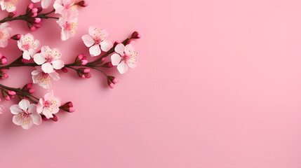 Fototapeta na wymiar Branches of cherry blossom on pink background for presentation, mock up, copy space, Floral greeting card.