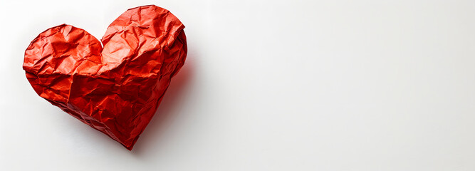 Red volumetric Torn paper heart made of paper, wrinkled, folded, sensitive heart, tender feelings on white background. copy space concept.