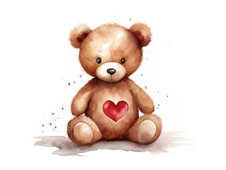 Brown Teddy Bear With Heart on Chest - Sweet Gift for Loved Ones! Watercolor illustration. Valentine's Day mood.